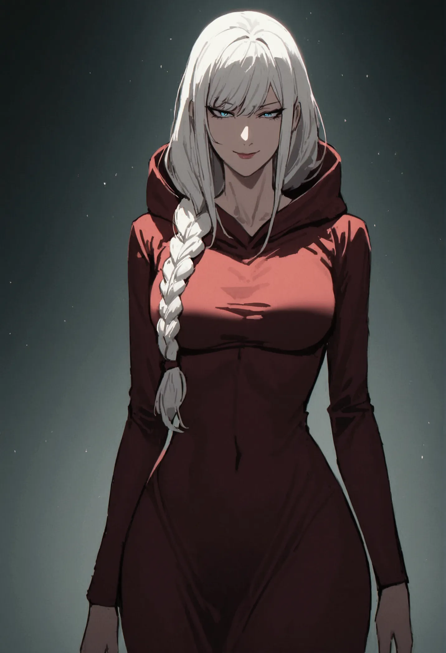 sexy cultist, woman, seductive smile, white hair, long hair, single braid, ,light blue eyes,tall, imposing, beautiful, perfect, ...