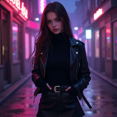 Drawing style, Take a close profile a teenager ,  European traits, honey colored eyes, porcelain skin,  Big breasts, fit body, Dark brown long silky hair ,  black turtleneck sweater black leather jacket black tablet skirt black half tights black boots,  fl...