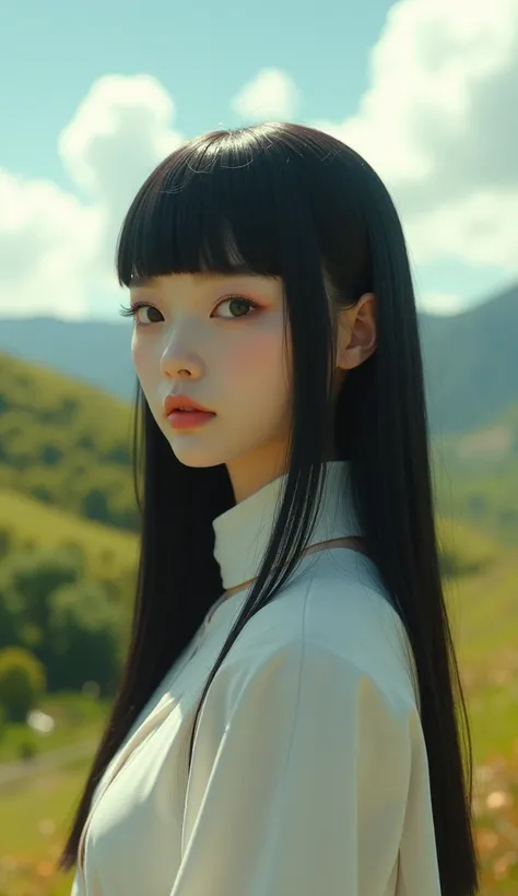  Android girl with straight black hair French fringe,  in natural landscape , with sun and clouds ,  Ultra high kinematic quality hyper realistic 8k lots of light lighting  