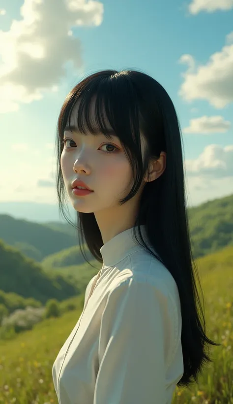  Android girl with straight black hair French fringe,  in natural landscape , with sun and clouds ,  Ultra high kinematic quality hyper realistic 8k lots of light lighting  