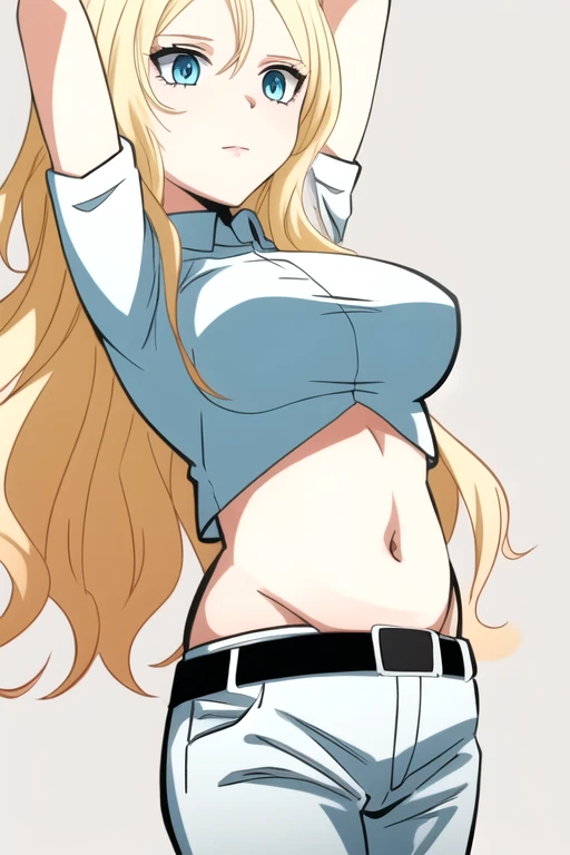 best quality,ultra high res, 1girl,irinajelaviär4,blonde hair, blue eyes, simple background, midriff, belly button, belt, white...