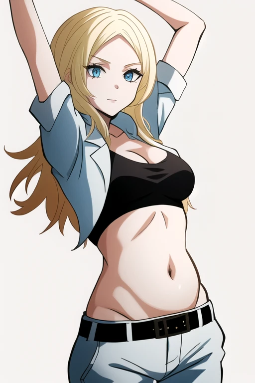 best quality,ultra high res, 1girl,irinajelaviär4,blonde hair, blue eyes, simple background, midriff, belly button, belt, white...