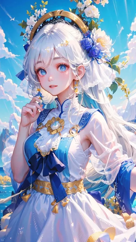 one-girl，a white flower is inserted on the head，blue-white color hair，white  clothes，blue-sky