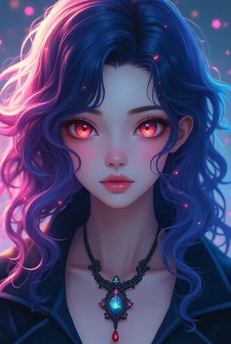 Close-up of a woman with colorful hair and necklace, anime girl with cosmic hair, Rossdraws soft vibrancy, Gouviz-style artwork, fantasy art style, colorful], vibrant fantasy style, Rossdraws cartoon full of energy, cosmic and colorful, Guweiz, colorful di...