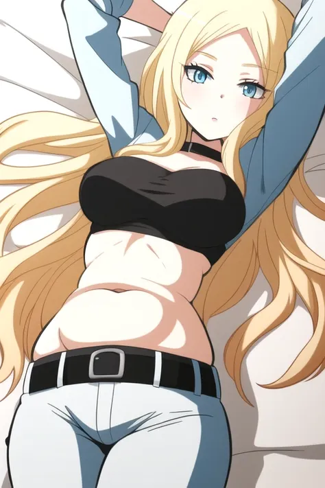 best quality,ultra high res, 1girl,IrinaJelaviÄR4,blonde hair, blue eyes, simple background, midriff, belly button, belt, white suit, both arms up, stretching, laying on bed, chubby belly, full belly, bloated belly,