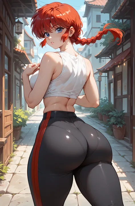 Ranma Chan, redhead, a woman , long and smooth red tone hair, bright and expressive blue eyes, she opted for worn adjusted yoga pants, a tight micro top, large breast, nsfw, big ass, thick thighs, wide hips, from behind