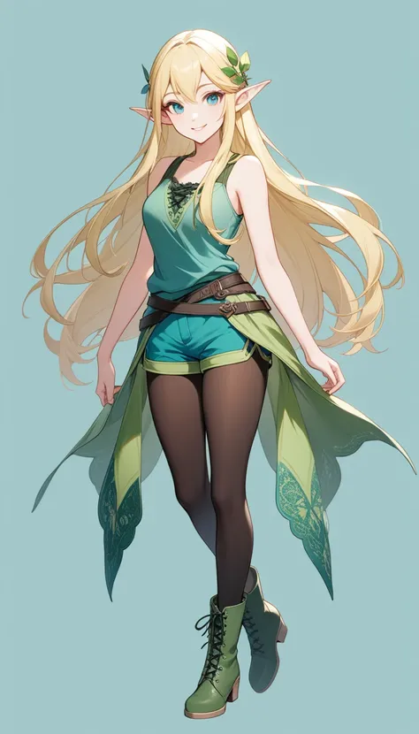 1 elven lady, solo, full body, smile, blonde long Hair, Azure eyes, Pointy Ears, green Sleeveless tank top, green shorts, black pantyhose, thigh, green lace-up boots, simple background