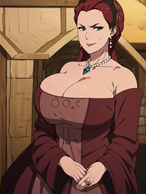 ((farmer outfit with cleavage)), maroon hair, gilf, busty, huge, cleavage, detailed, upperbody, wringkle skin,sagging breast,ful...