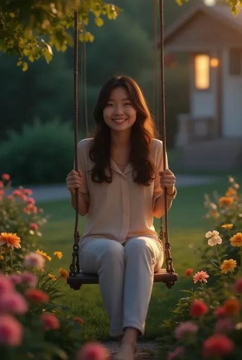 Park at dusk、Sitting on the swing but playing with a smile。 is surrounded by colorful flowers 、 soft light illuminates her face 。A small house can be seen in the background 。Real。