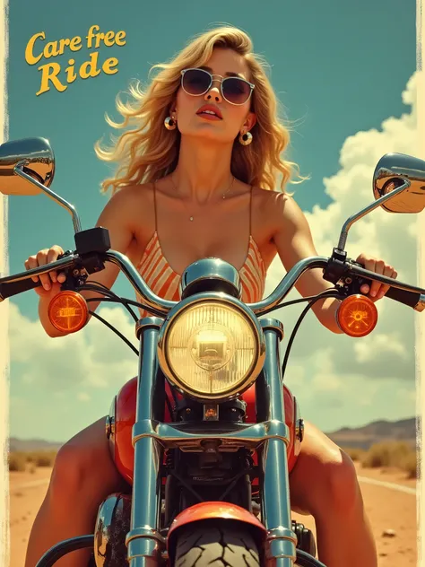 Create a fictional poster for the movie Carefree Ride Featuring a Harley Davidson motorcycle and Young  Woman. Age 23. Epic double g round natural perky breasts, the poster will be in the spirit of the sixties. Professional photography.