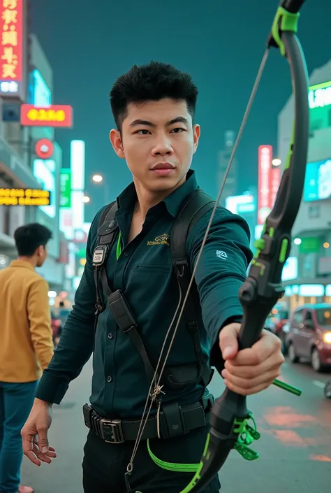 Thai handsome boy, Cyberpunk style, Head covering, High-tech clothing, In mobile green arrow bow