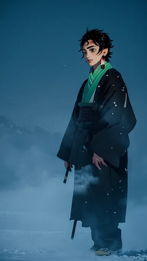 " taro shinobu dressed as tanjiro kamado from the series kimetsu no yaiba,   scar in the form of a burn on his forehead and hana...