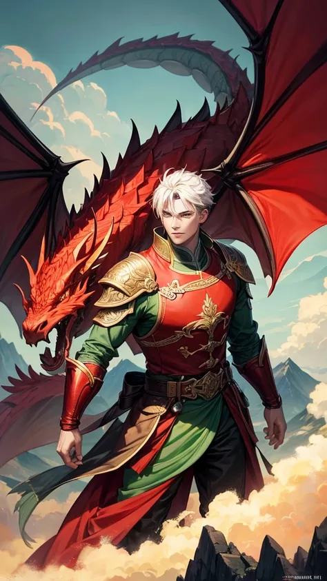 Donghua with the theme of red and green knights and dragons in a fantasy world full of mountains and mysterious fog. in the middle,  there is a caricature of a young male character wearing a classic harness with a modern twist ,  cheerful and confident fac...