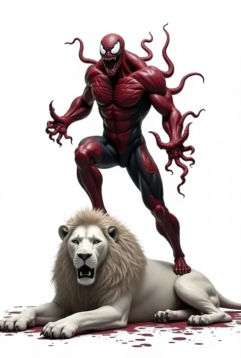 Carnage villain stand on white lion dead body 