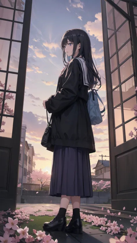 見上げる   girl シーン 1: shadow of cherry blossoms at dusk a   girl standing quietly with the sky behind her, shiny blue . 彼女の目の前にそびえ立...