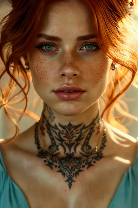 a woman with freckles, necklace, tattoo on chest, beautiful detailed eyes, beautiful detailed lips, extremely detailed face, lon...