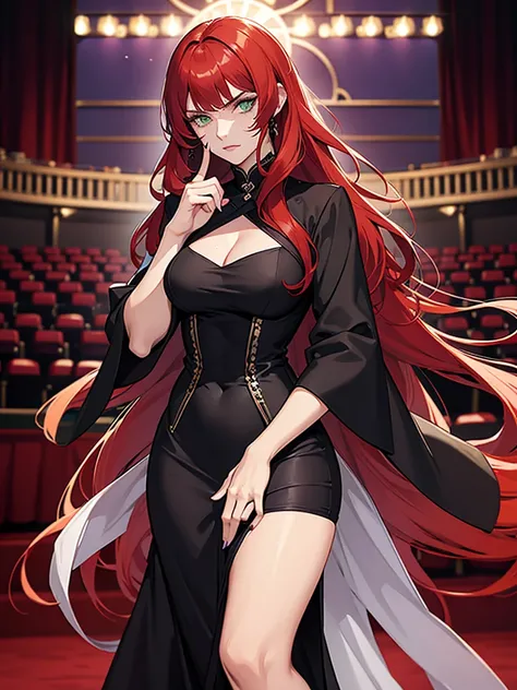 green eyes, red hair with long bangs, noble. wavy long hair. strong woman. she quiet. dominant woman. mafia. mature woman. girl boss. badass woman. gangster. hair so long have bangs. gangster. red hair. purple outfit. she a mommy. outfit black purple. Back...