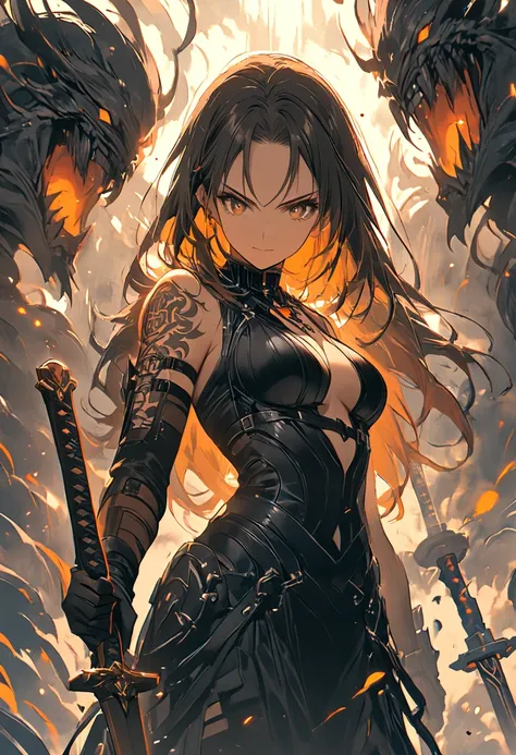 woman ready to battle, sword in hand, revealing outfit, tattoo, badass pose, monster surrounded