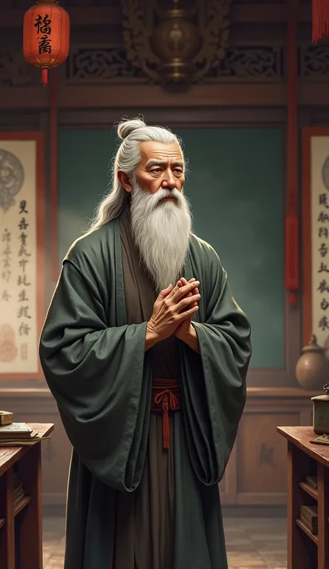 scene of a ming dynasty (china) classroom. a 60 year old philosopher with white hair and beard, face of concentration. dressed as a ming dynasty philosopher, standing with hands clasped and chanting buddha's name. extremely sharp image. high quality image 