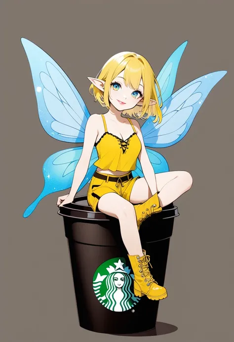 1girl, bshp, solo, full body, minigirl, yellow short hair, Azure eyes, Pointy Ears, lips, smile, jewelry, breasts, Cleavage, midriff, yellow camisole, yellow shorts, yellow lace-up boots, fairy wings, sitting on Starbucks Coffee Paper cup with lid, simple ...