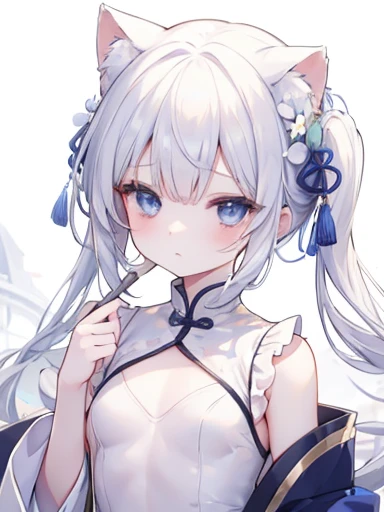 l breasts、 a kindergartener-like 、Odd Eye、white hair、Blue Eyes、Chinese clothing、Eroticい姿、 white skin、The clothes are a little transparent、Small breasts、Small breasts、、 cute、Beastman、Erotic、Little sister 、My chest seems to be visible I cant see it、Im holdin...