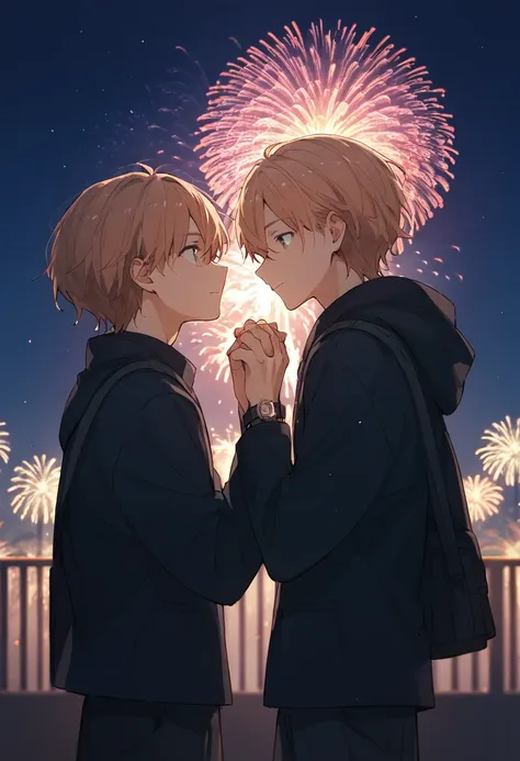 there are two men。tall, blond, and dark-haired high school students  。 watch fireworks with two people holding hands。high qualit...