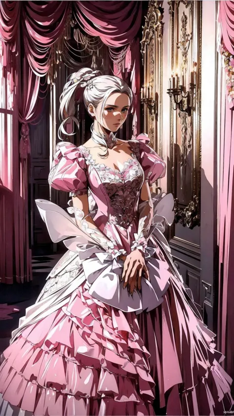 Escape, Serious,  elegant,  Pink Dress , Noble, Silver, Long nails, Shoulder Bare, hairstyle, hair, Braids and ponytails, Messy, arrogant,  absurd with 22 people, Detailed dress, Royal Family, celebration, Hall decorated with flowers, cowboy photoshoot,  portrait, (), (masterpiece), ( very detailed ), (4K)