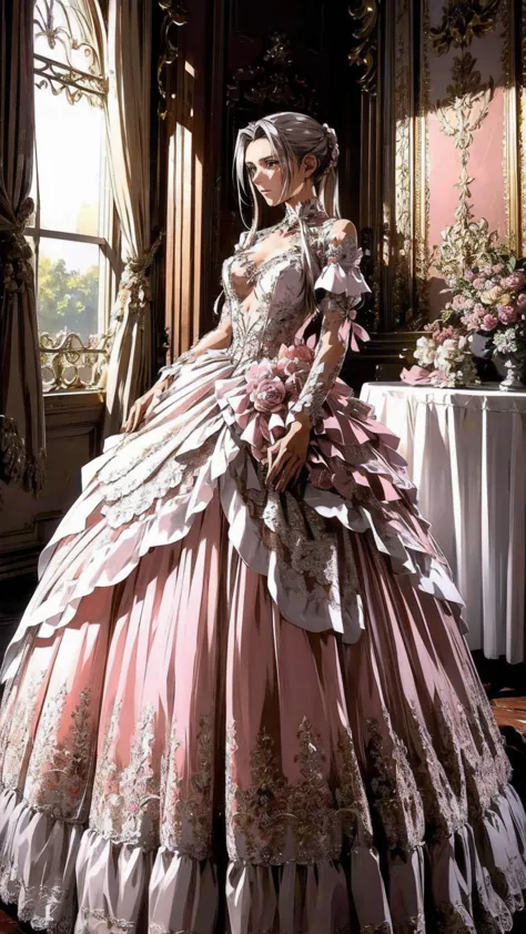 Escape, Serious,  elegant,  Pink Dress , Noble, Silver, Long nails, Shoulder Bare, hairstyle, hair, Braids and ponytails, Messy, arrogant,  absurd with 22 people, Detailed dress, Royal Family, celebration, Hall decorated with flowers, cowboy photoshoot,  portrait, (), (masterpiece), ( very detailed ), (4K)