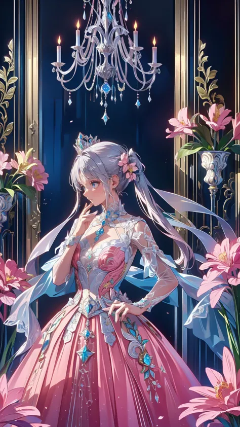 Escape, Serious,  elegant,  Pink Dress , Noble, Silver, Long nails, Shoulder Bare, hairstyle, hair, Braids and ponytails, Messy, arrogant,  absurd with 22 people, Detailed dress, Royal Family, celebration, Hall decorated with flowers, cowboy photoshoot,  portrait, (), (masterpiece), ( very detailed ), (4K)
