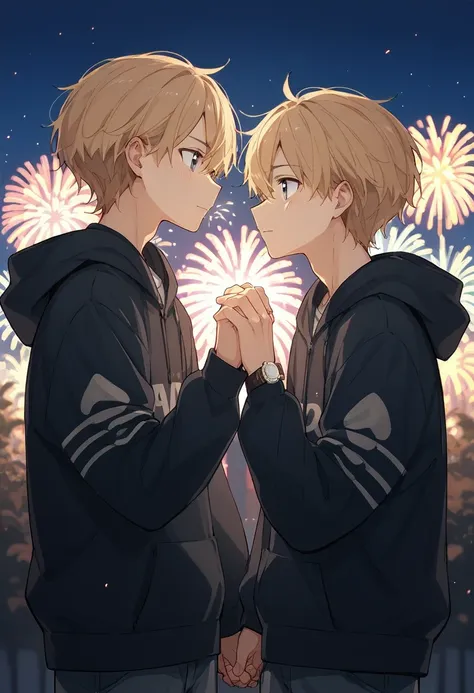 there are two men。tall blonde high school students 。wearing a hoodie、 watch two fireworks while holding hands。high quality anime...