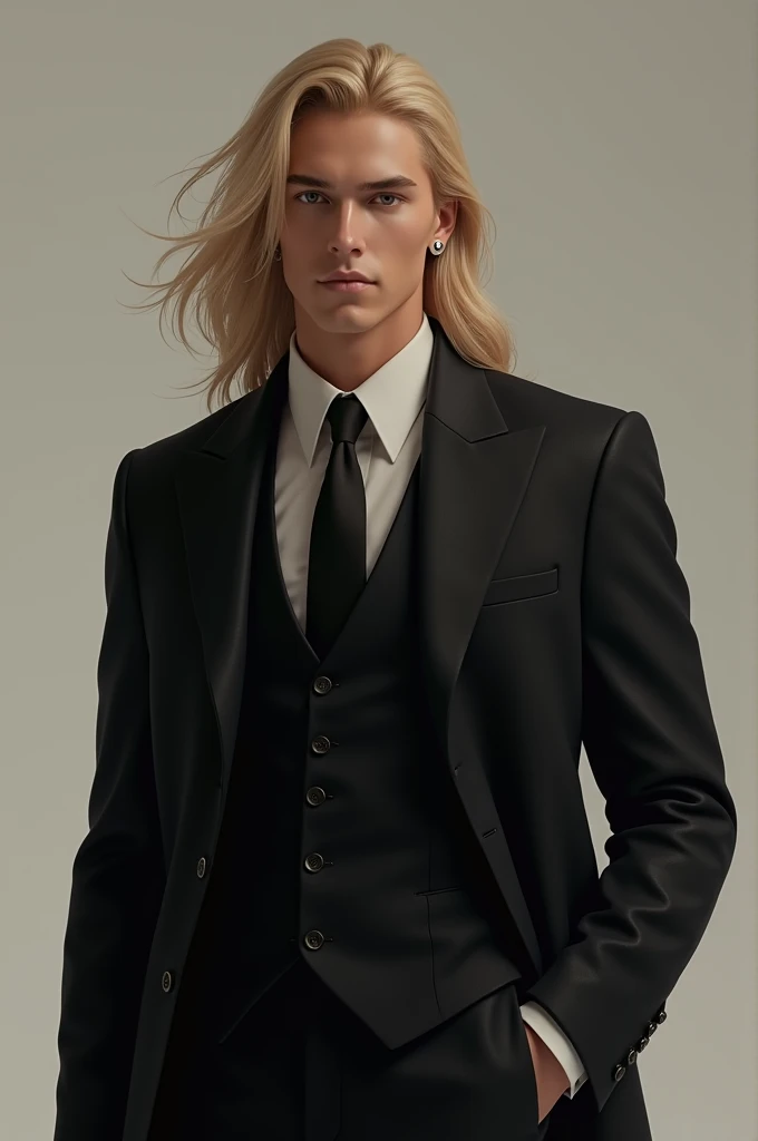  Tall handsome blond man.  long hair . Black classic suit . ear piercing