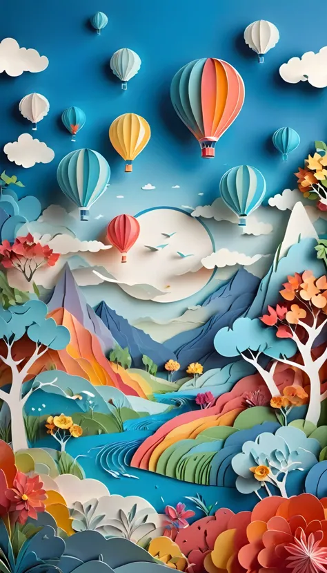 Masterpiece, best composition, best quality, paper cutting art, colorful landscape, several colorful balloons floating, dynamic landscape, refreshing landscape, summer landscape, flat paper cutout, paper art, beautiful gradation of hills, blue sky, white clouds, beautiful flowers, beautiful wallpaper, colorful landscape, amazing artwork, perfect for mobile phone wallpaper.