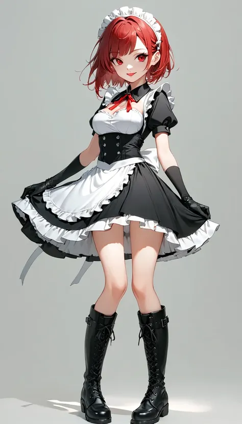 1girl, bshp, full body, solo, Red bob hair, red eyes, glossy lips apart, smile, breasts, maid costume, white maid headband, thigh, black gloves, army boots, standing posture, simple background