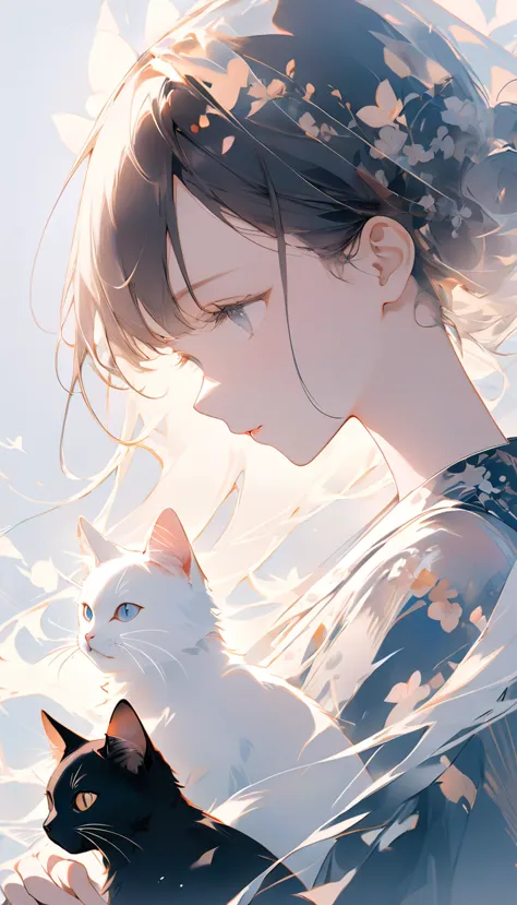 a girl holding a white cat and a black cat facing the side that seamlessly overlaps,double exposure