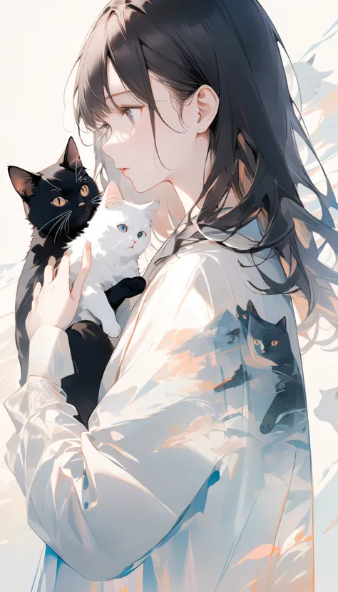 a girl holding a white cat that seamlessly overlaps with a black cat facing its side,double exposure drawing