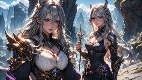 Enchanting Ultra-Realistic Fantasy Portrait: A breathtaking female barbarian, resembling a stunning, ultra-realistic supermodel, stands alone in a vast, open, and mountainous paradise. This 8K masterpiece captures her from the waist up, facing the viewer w...