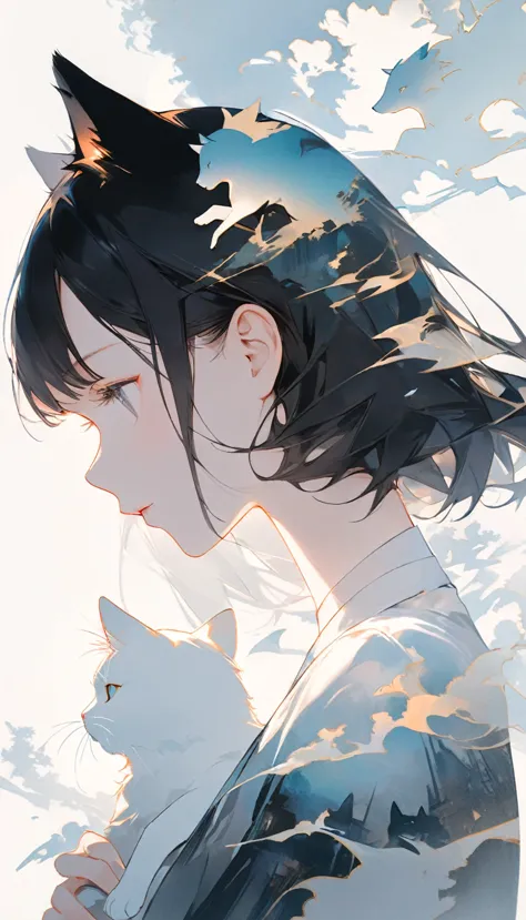 closeup of a black cat facing sideways and the full body of a girl holding a white cat that seamlessly overlaps,double exposure ...