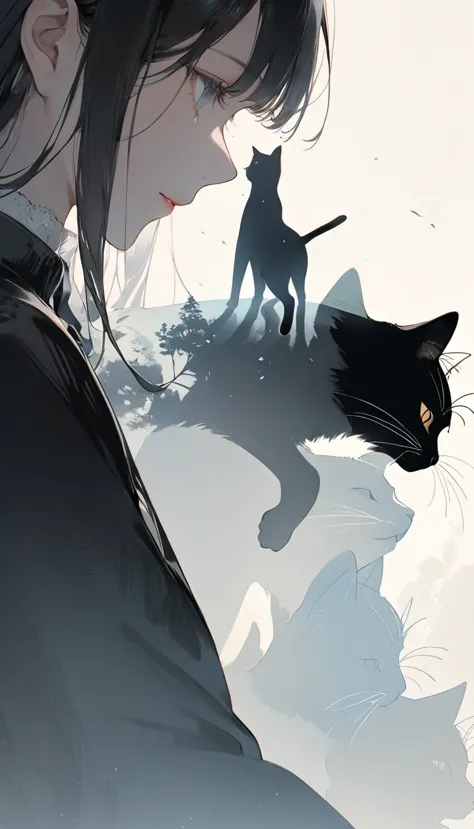 closeup of a black cat facing sideways and the full body of a girl holding a white cat that seamlessly overlaps,double exposure ...