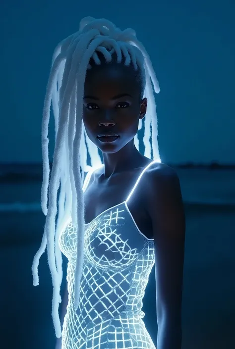 black woman with white neon lit dreadlocks dressed in white neon lit African dress, sitting at the sea shore night time with her white neon lit dreadlocks glowing in the dark, , very high detailed and clear image, providing a cinematic look like shot from ...