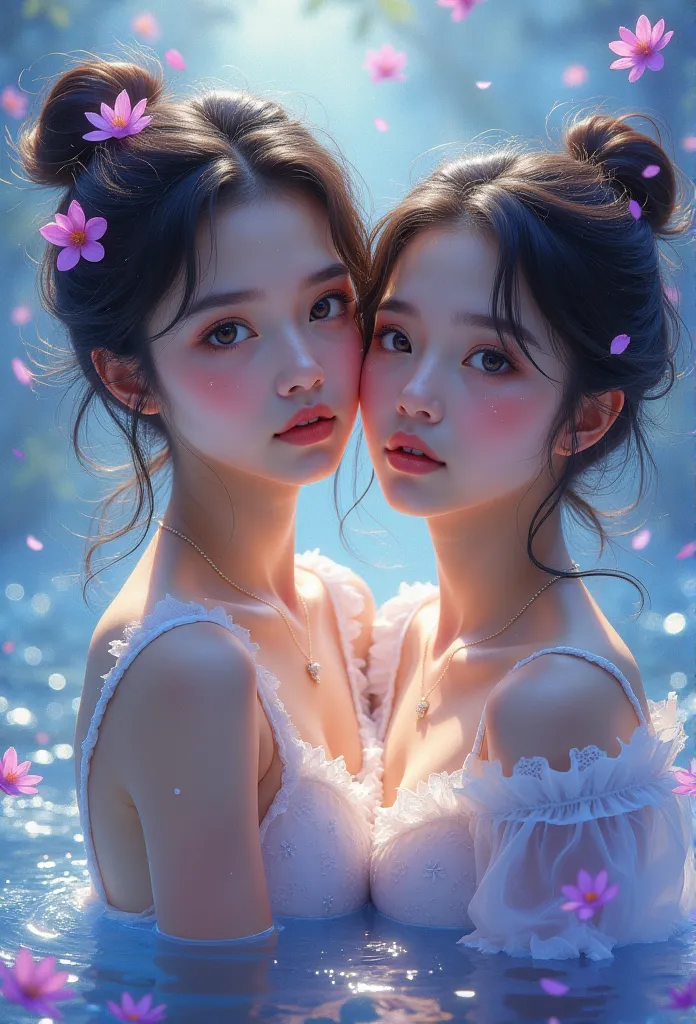 gggjaaa，色彩鲜艳of美丽女孩: 2 girls, 凌乱of头发, painting, soft skin，pretty face, 蓝色of、of, add lilacs and violets, light red additions, intr...