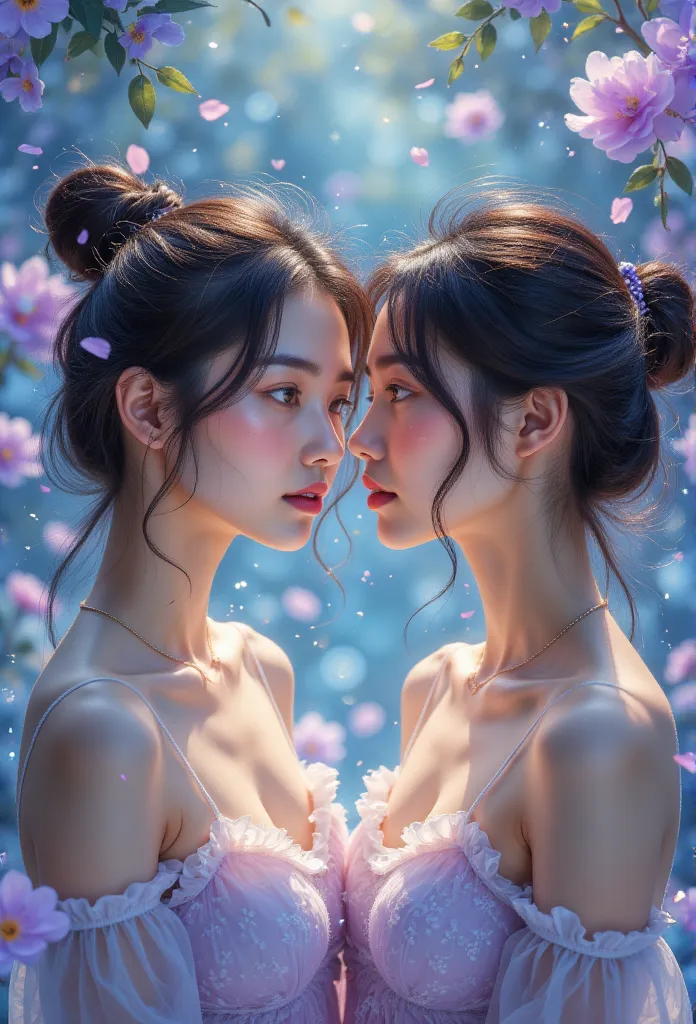 gggjaaa，色彩鲜艳of美丽女孩: 2 girls, 凌乱of头发, painting, soft skin，pretty face, 蓝色of、of, add lilacs and violets, light red additions, intr...