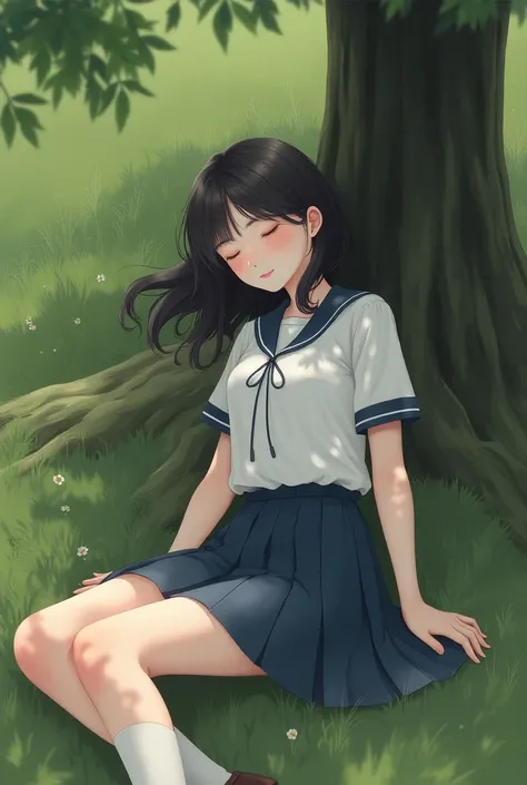 A realistic and pretty woman sleeping outside in shoes 
and  school uniforms 