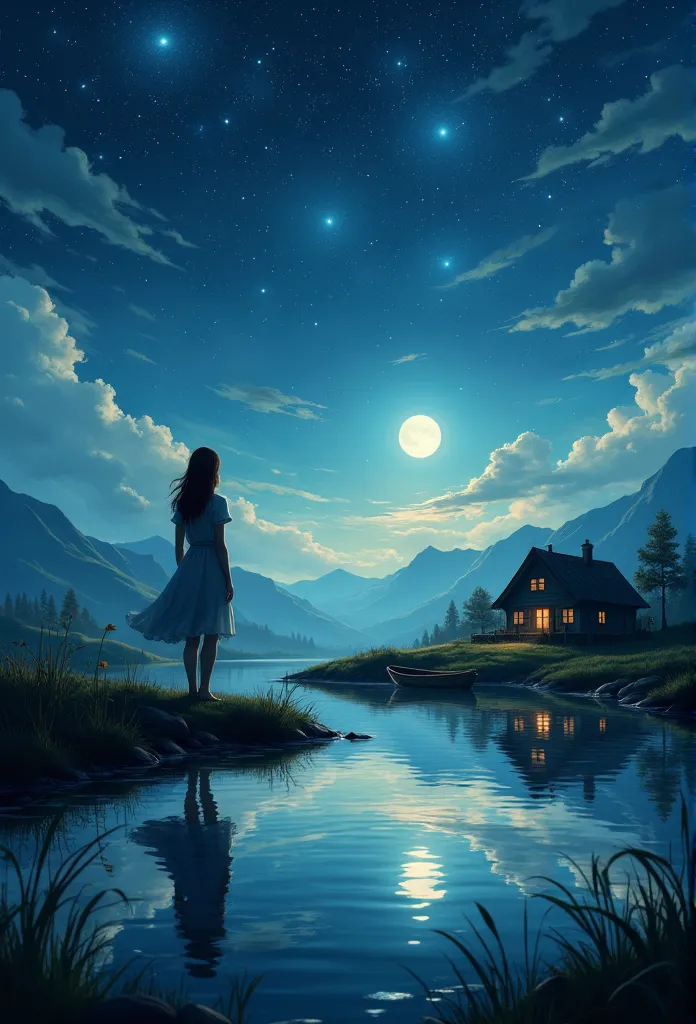 landscape, Tree, Star (Sky), Outdoors, house, night, water, Sky, Boat, Starry Sky, watercraft, moon, Grass, night Sky, Nature, Mountain, , masterpiece,  has the best quality，woman，Realism