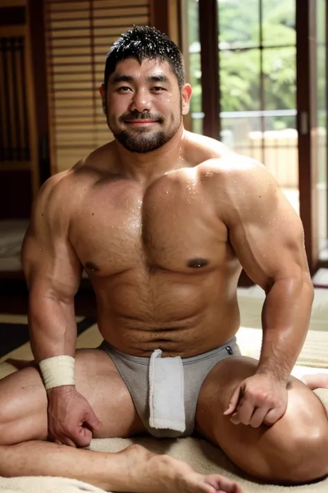 4k photograph, raw photograph of Japanese muscular male rugby player, Bulked up body with muscle male rugby prop player, Large physique, Strong body Male, Wide shoulder width, Thick belly, Short hair,Chest hair, Thick neck,Thick thighs and thick calves, We...