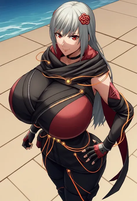 score_9, score_8_above, score_7_above, source_animated, BREAK 1girl,  looking at the viewer , smile,  hand on hip, DefKasane , long hair,  hair ornament , choker, black jacket, Gigantic breasts gigantic black scarf , red cape,  Separate sleeves , cables, r...