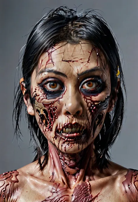 photo realistic head and shoulders zombie asian woman. she only has patches of skin around her eyes and nose. muscles and tendon...