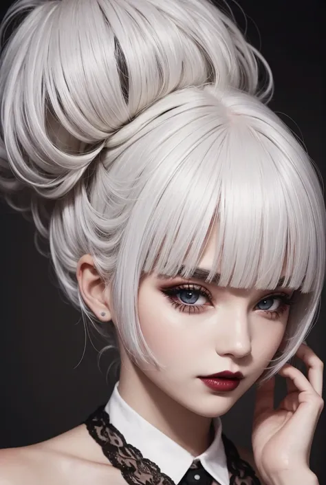 White haired girl, with bangs, hairstyle, dark brown eyes, dark makeup, lipstick