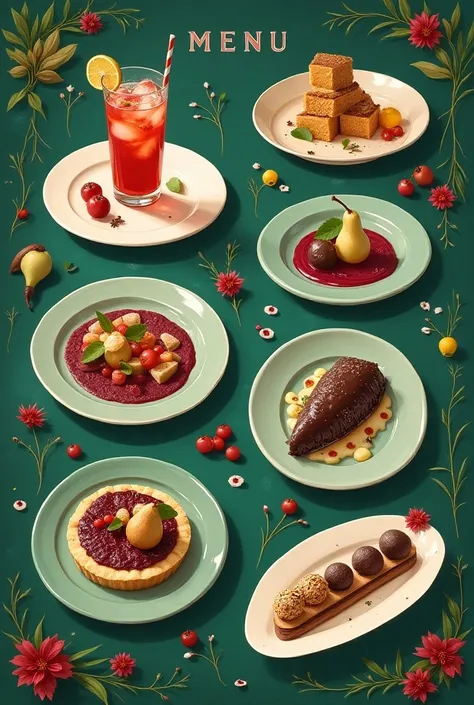 menu design  :  jamaflower water drink with granadilla ,  tofu sautéed on a bed of cream and vanilla ,  cause of beetroot and bondiola , pear and brie cheese tart , chocolate and coffee truffles with an ounce of frangelico
green and red color palette
no de...