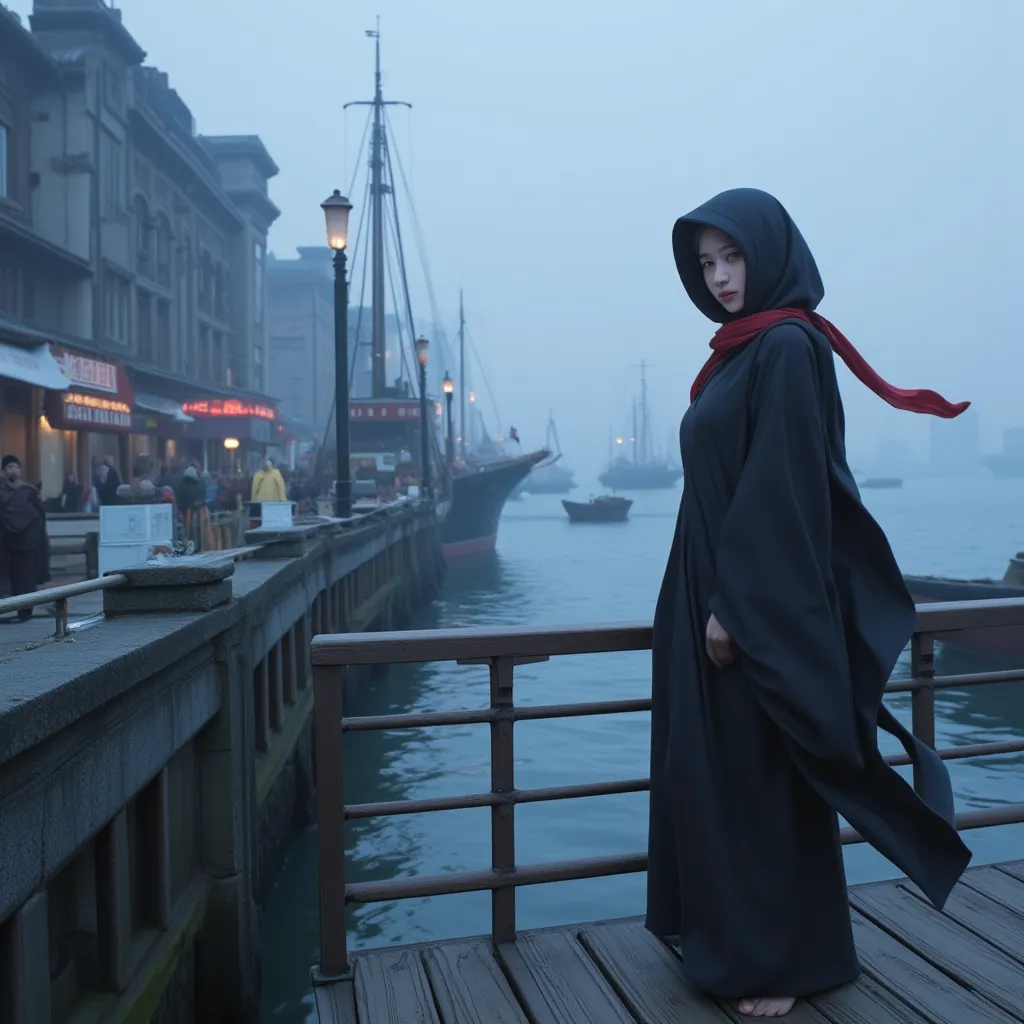 a misty, early morning scene set in the bustling colonial port of 19th-century shanghai. the air is cool and tinged with a faint...