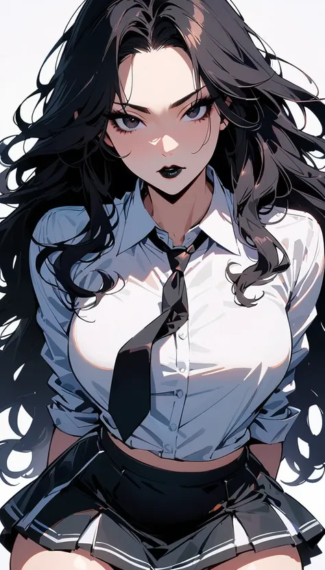 ( high quality , 8k, 4K,  high contrast, :1.2,  high quality , Better aesthetics), ( dynamic angle ), ((1 woman)), erotic, Sensual,  mature body, super detailed, detailed beautiful face, beautiful detailed eyes,  beautiful detailed mouth , corpo sexy,  perfect breaths , perfect wide thighs , (pele caucasiana), ( long black hair ), (black eyes), (Black Lipstick), (black eyeshadow), (black eyeliner), ( serious and sexy expression ), (piercing gaze), ( wearing a white shirt with a black tie and a short black cheerleader skirt), (standing), (centered), (looking at viewer)